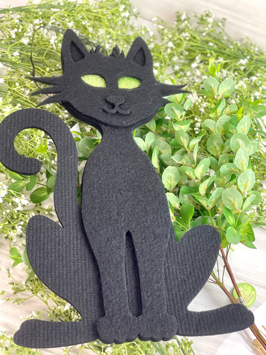 Black Felt Glitter Cat With Green Glitter Eyes