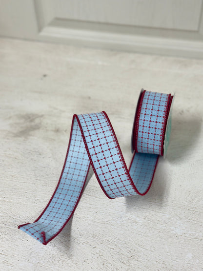 1.5 Inch By 10 Yard Pale Blue And Red Stitched Squares Ribbon