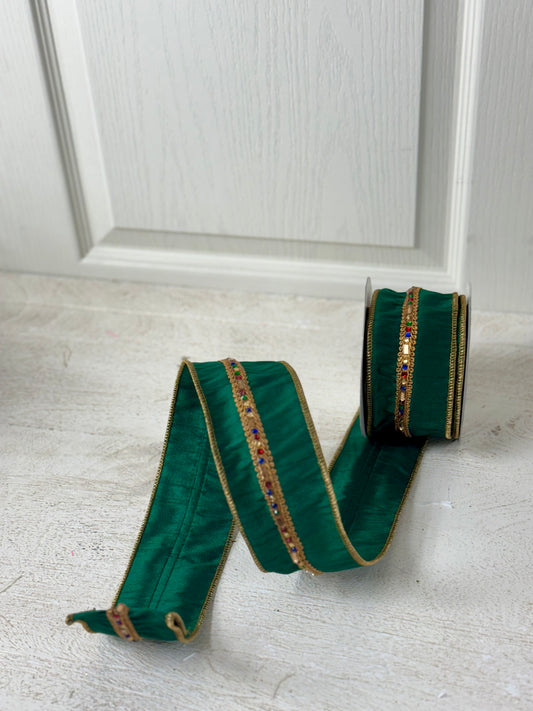 2.5 Inch By 5 Yards Emerald Green Ribbon With Jewel Center