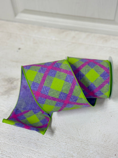 4 Inch By 10 Yard Lavender Pink And Lime Green Plaid Ribbon