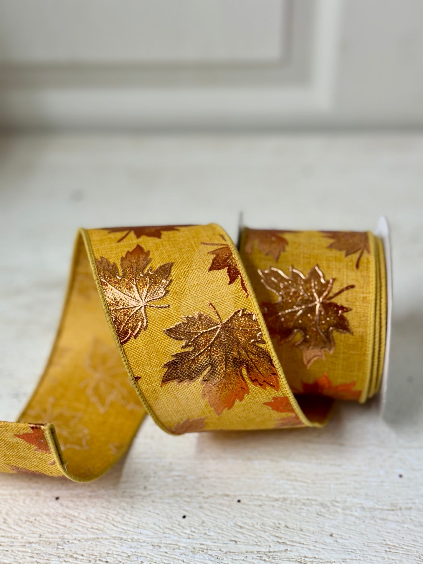 2.5 Inch By 10 Yard Mustard Background With Copper Maple Leaves Ribbon