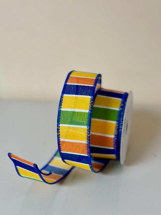 1.5 Inch By 10 Yard Royal Blue Yellow Orange and Green Striped Ribbon