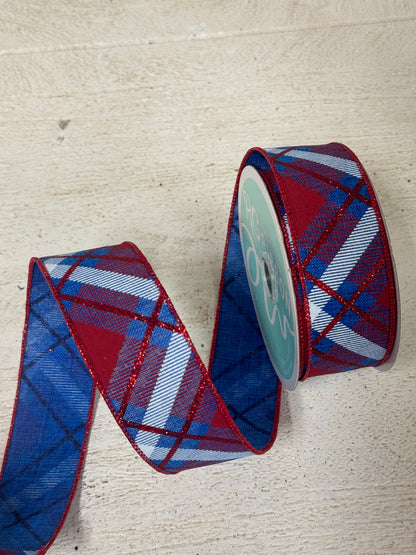 1.5 Inch By 10 Yard Red Royal Blue And White Glitter Plaid Ribbon