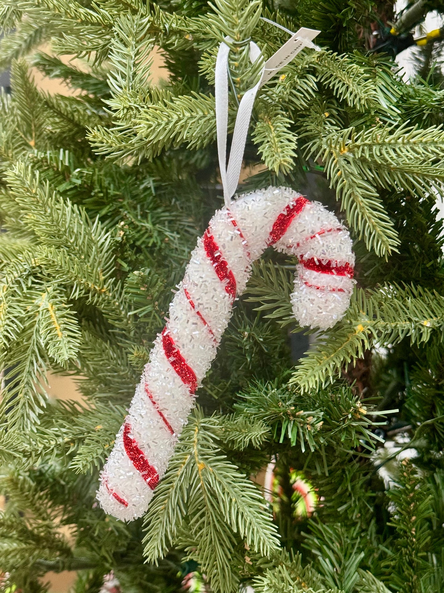 7 Inch Red And White Tinsel Candy Cane Ornament