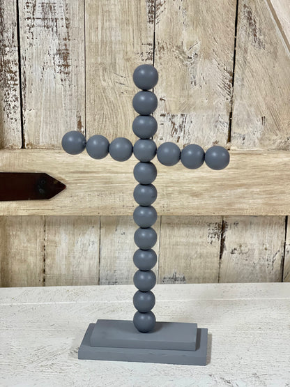 13 Inch Gray Tabletop Wood Bead Cross