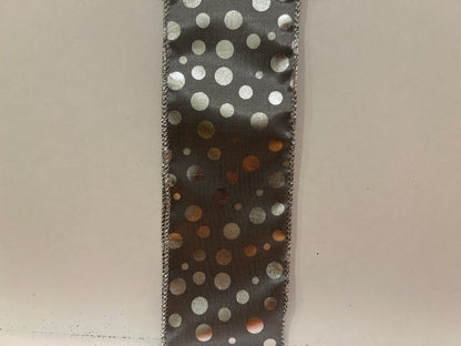 2.5 Inch By 10 Yard Gray Background With Silver Polka Dots Ribbon