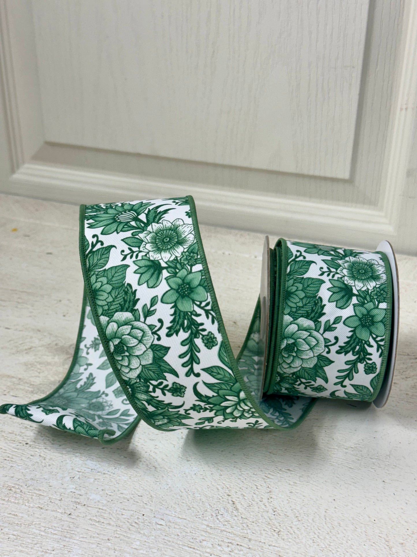 2.5 Inch By 10 Yard Sage Green And White Chinoiserie Florals Ribbon