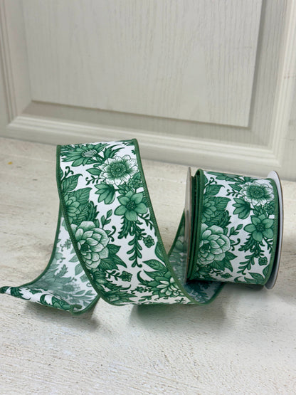 2.5 Inch By 10 Yard Sage Green And White Chinoiserie Florals Ribbon