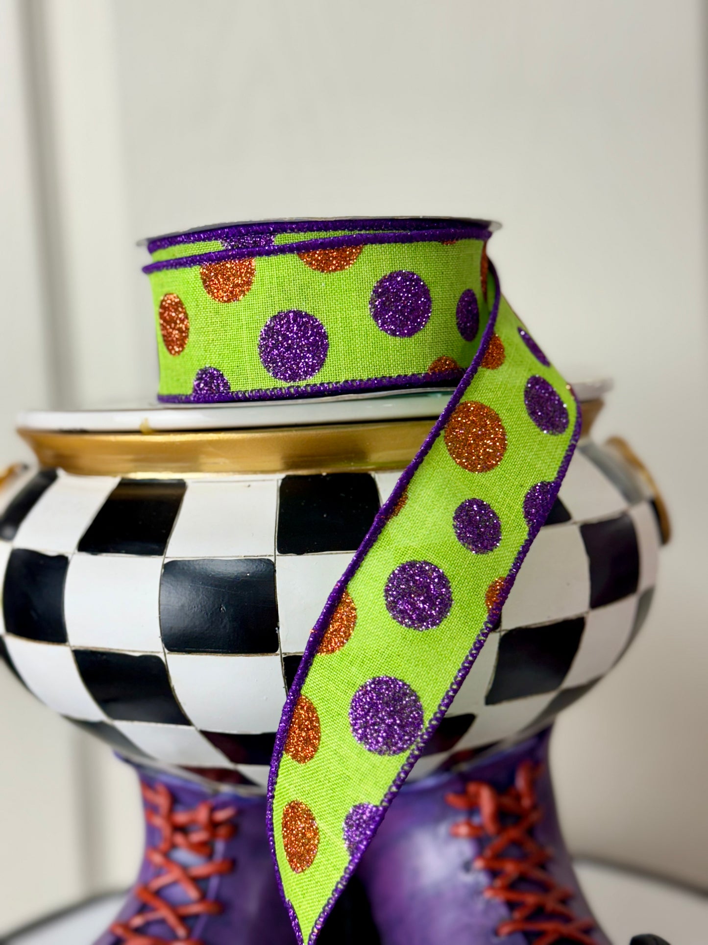 1.5 Inch By 10 Yard Lime Purple And Orange Glitter Polka Dot Ribbon