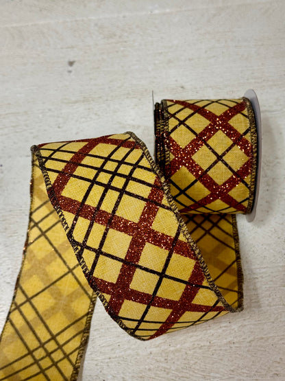 2.5 Inch By 10 Yard Mustard Copper And Brown Glitter Diagonal Plaid Ribbon