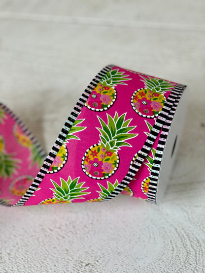 2.5 Inch By 10 Yard Pink Background With Pineapples Ribbon