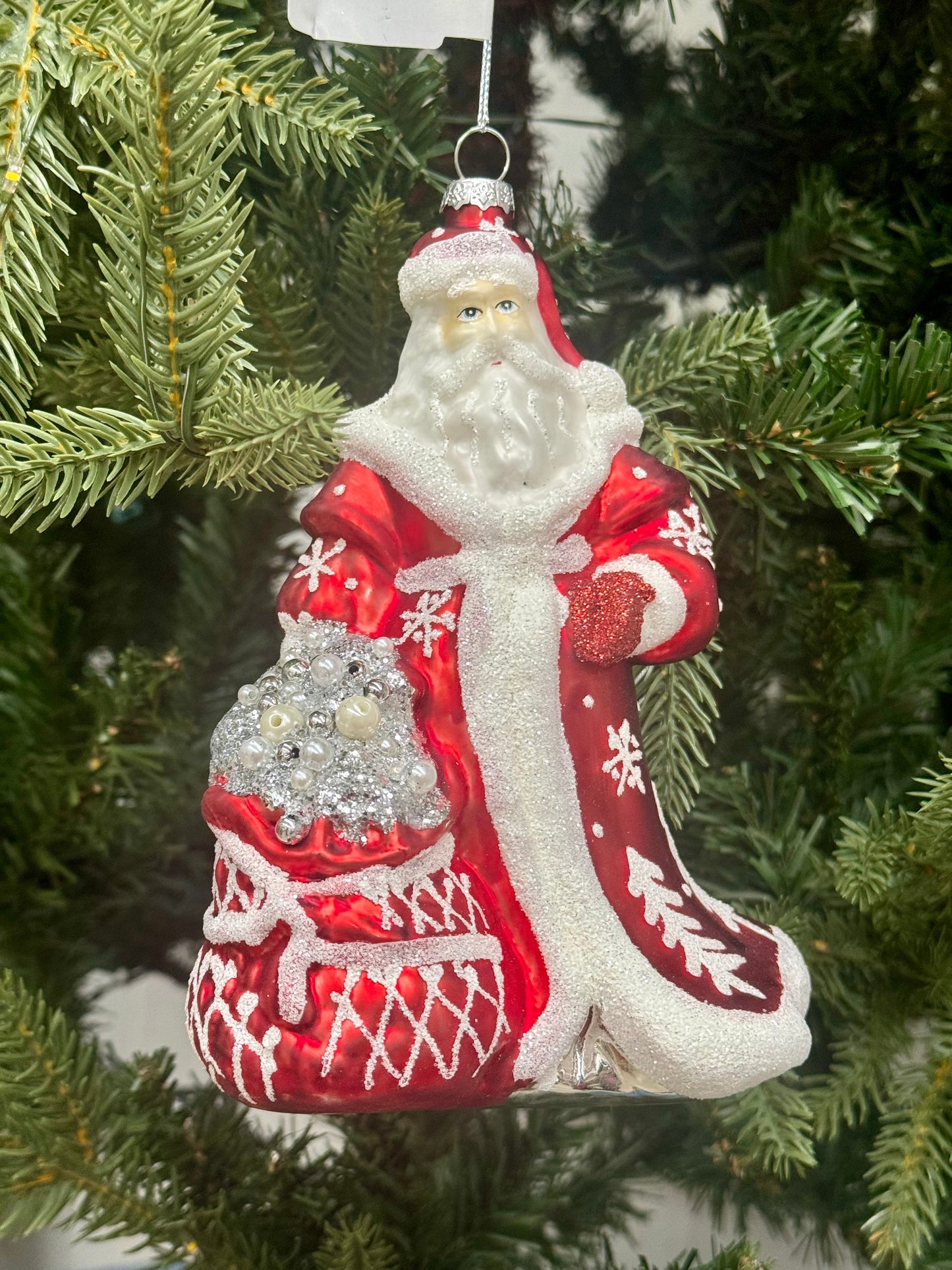 7.25 Inch Red Silver And White Santa Glass Ornament