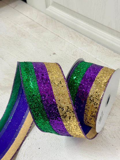 2.5 Inch By 10 Yard Mardi Gras Large Glitter Stripe Ribbon