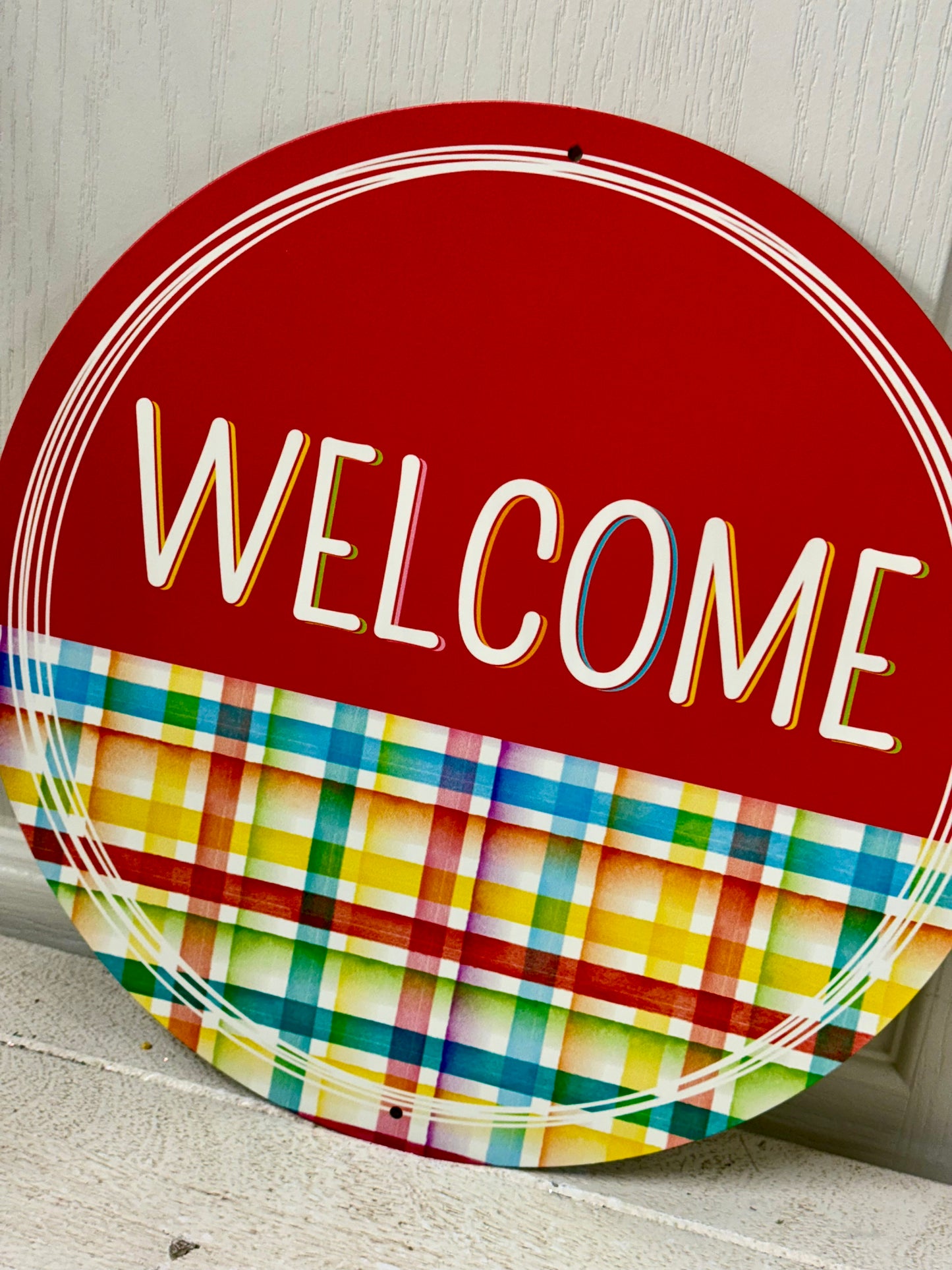 12 Inch Welcome Multicolor Plaid Wreath Sign