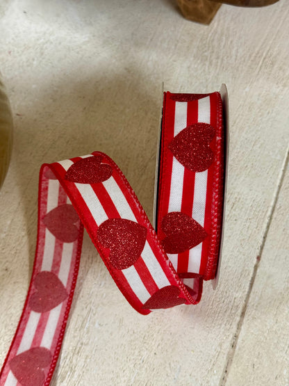 1.5 Inch By 20 Yard Red And White Heart Glitter Stripe Ribbon