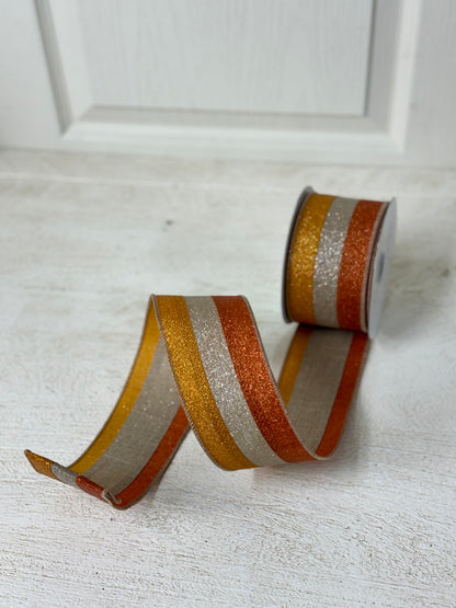 2.5 Inch By 10 Yard Pumpkin Taupe Mustard Striped Ribbon