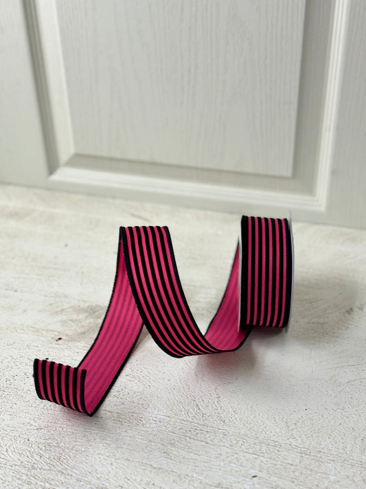 1.5 Inch By 10 Yard Pink And Black Velvet Striped Ribbon