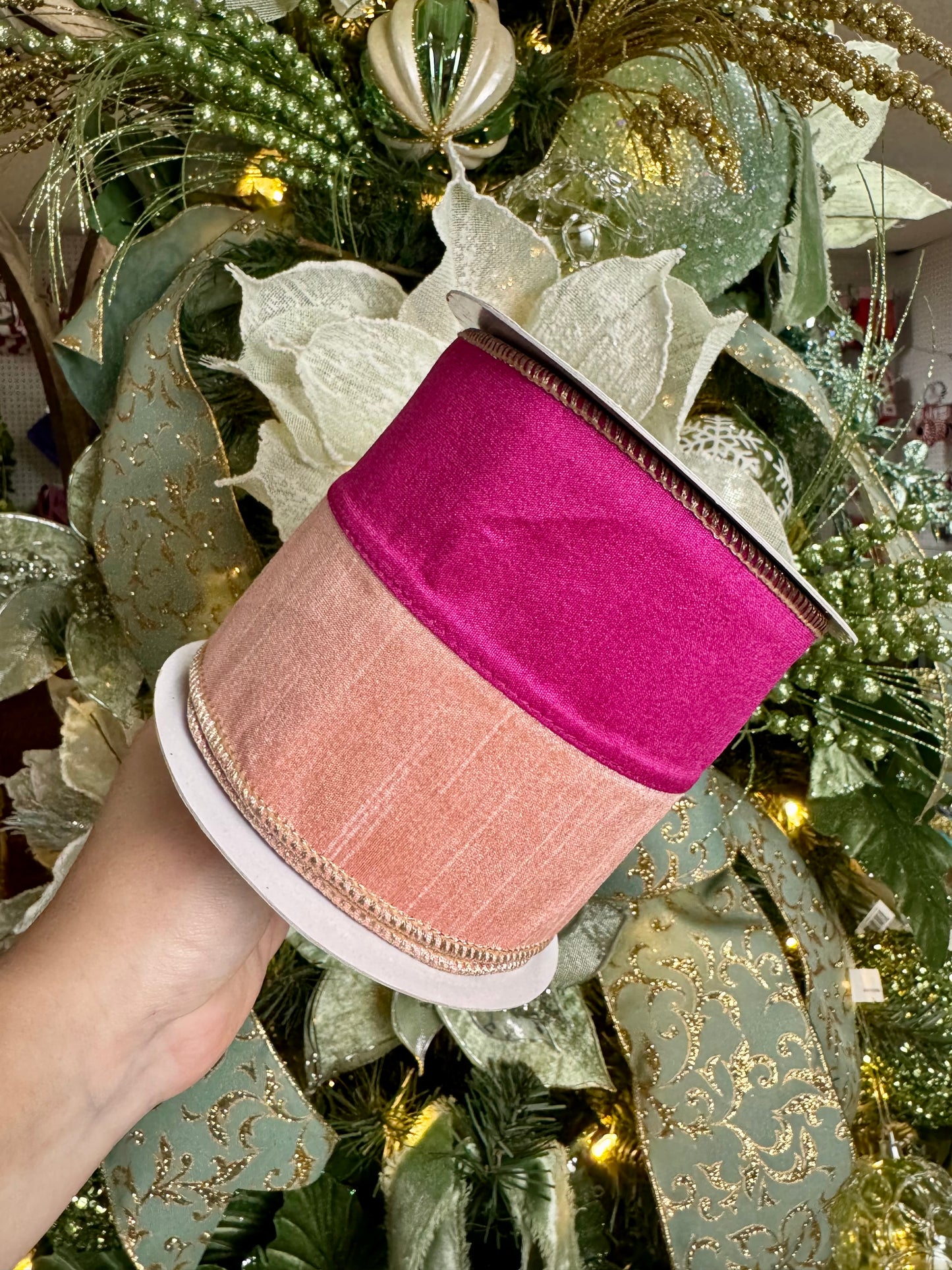 4 Inch By 10 Yard Pink And Light Pink With Gold Back Dupioni Ribbon