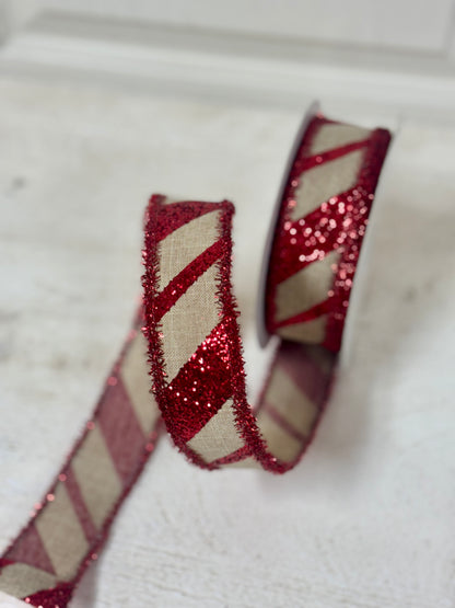 1.5 Inch By 10 Yard Natural And Red Stripe With Red Tinsel Edge Ribbon