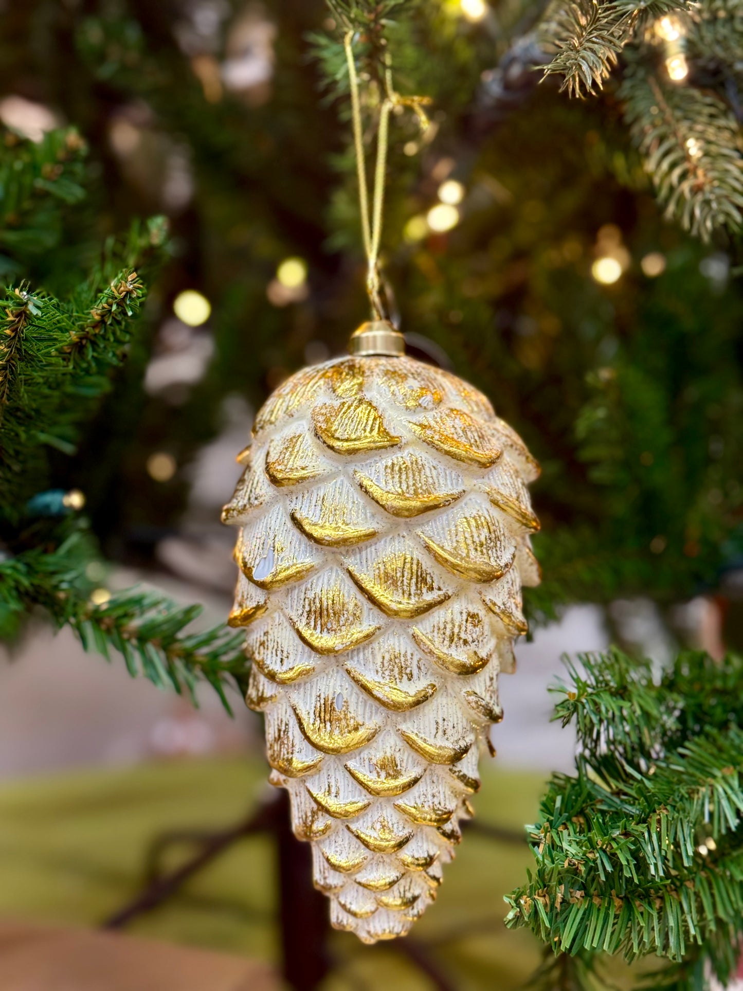 8 Inch Cream And Gold Metallic Pinecone Ornament