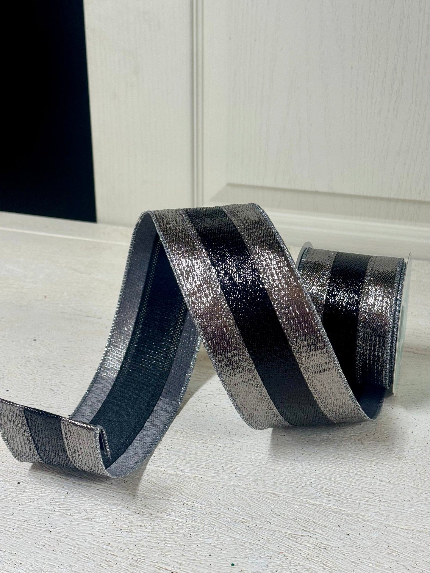 2.5 Inch By 10 Yard Black And Silver Pewter And Black Metallic Ribbon