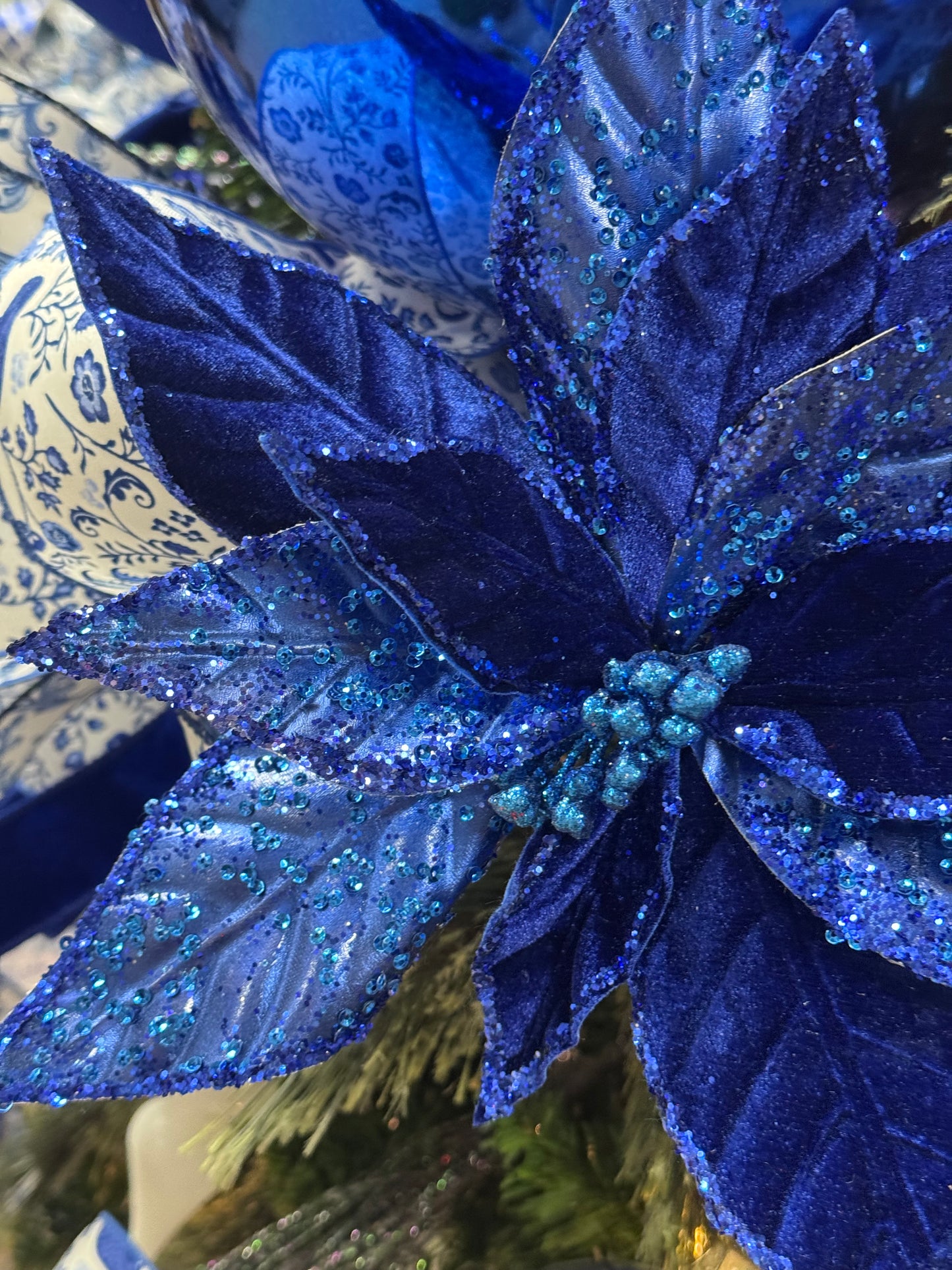 12 Inch Metallic Blue Velvet Poinsettia