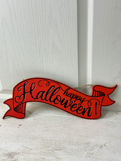 15 Inch Happy Halloween Orange And Black Wooden Banner Sign