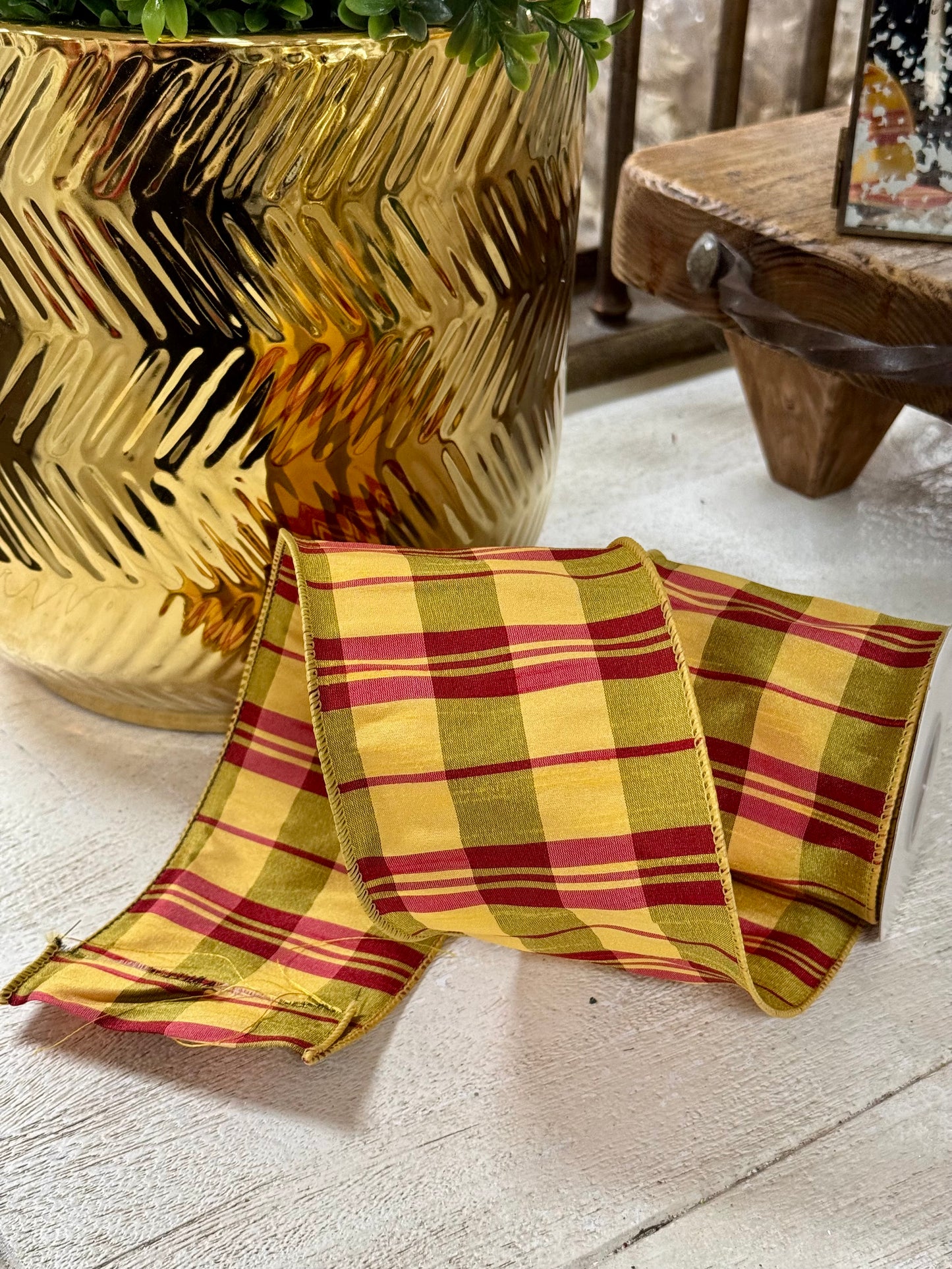 4 Inch By 10 Yard Moss Green Yellow Burgundy Dupioni Plaid Ribbon