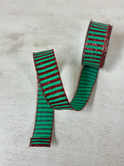 1.5 Inch By 10 Yard Jade And Red Glitter Stripe Ribbon