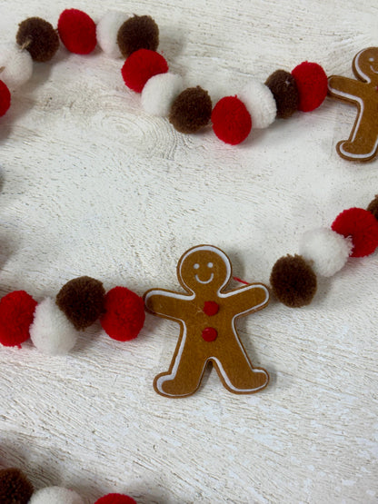 6 Foot Felt Gingerbread Pompom Garland