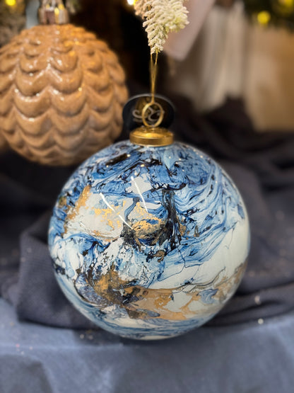 6 Inch Blue And Gold Watercolor Glass Ball Ornament