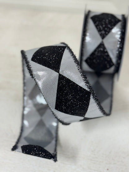 2.5 Inch By 10 Yard Black And Silver Bold Harlequin With Black Tinsel Edge Ribbon