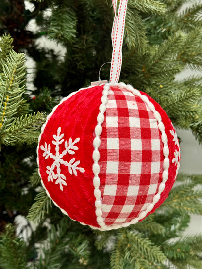 6 Inch Red And White Fabric Snowflake Ornament