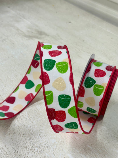 1.5 Inch By 10 Yard Red Green Cream Glitter Gumdrops Ribbon