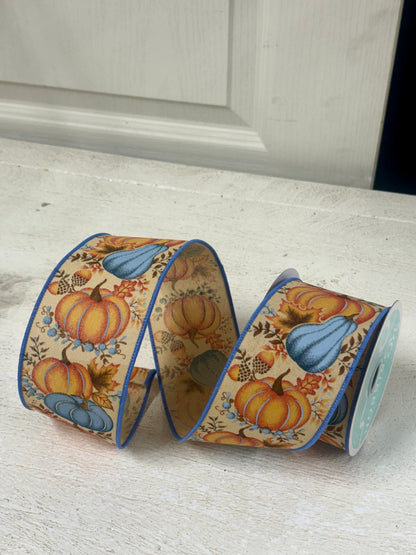 2.5 Inch By 10 Yard Orange Blue Pumpkin Gourd Leaves Ribbon