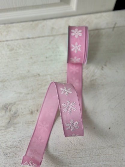 1.5 Inch By 10 Yard Pink And White Snowflake Ribbon