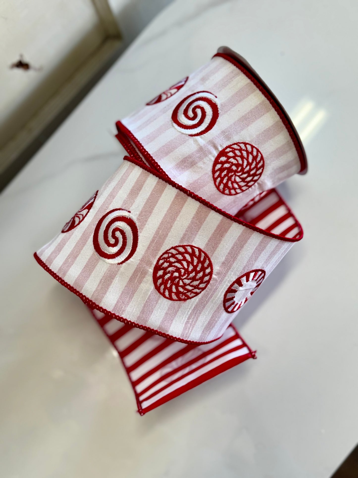 4 Inch By 10 Yard Red And White Peppermint Swirl Ribbon