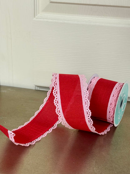 2.5 Inch By 10 Yard Red And Pink Lace Edge Royal Burlap Ribbon