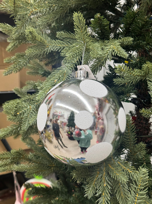 6 Inch Silver And White Large Polka Dot Ornament Ball