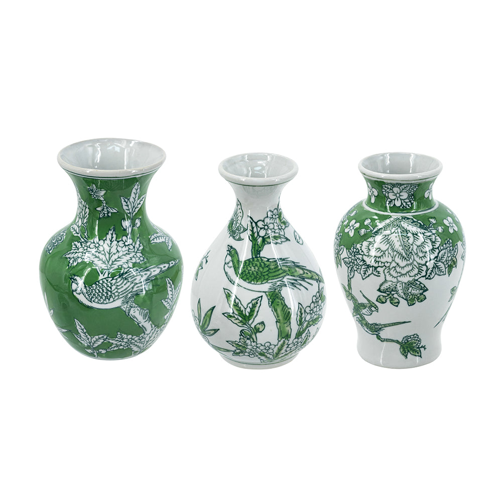 6 Inch Green And White Porcelain Vases With Nature Motifs Three Styles