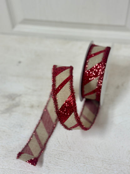 1.5 Inch By 10 Yard Natural And Red Stripe With Red Tinsel Edge Ribbon