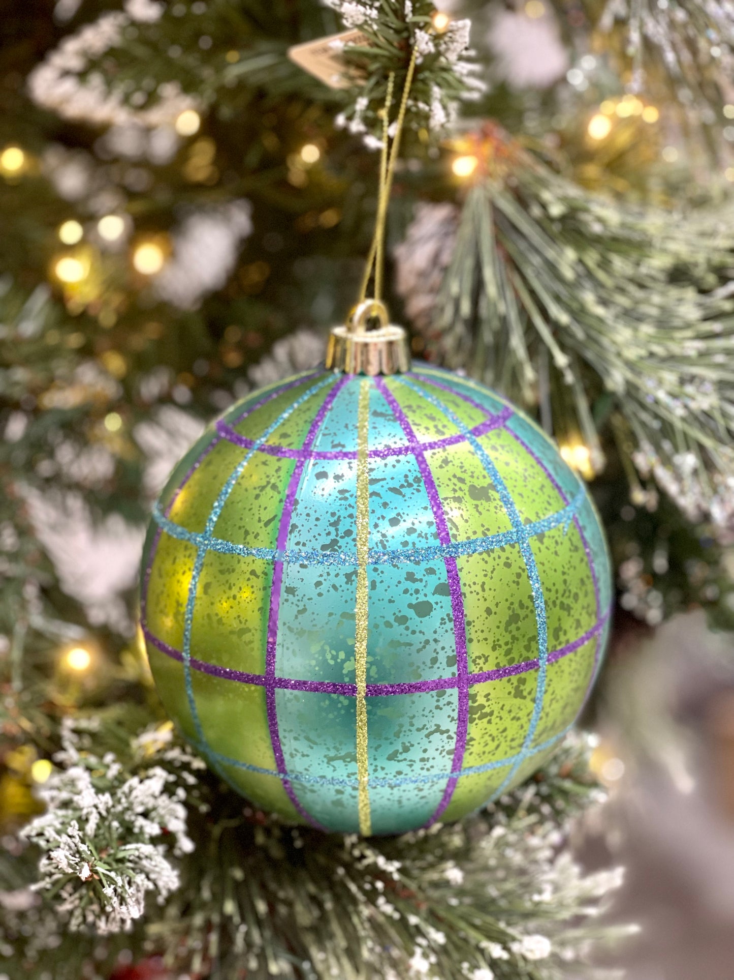 6 Inch Turquoise Lime Purple Plaid Ornament Ball