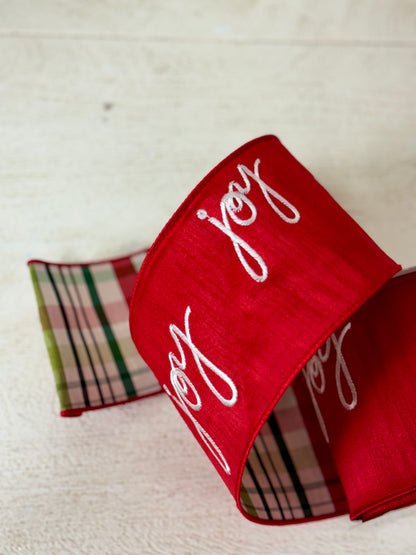 4 Inch By 10 Yard Red Faux Dupioni Joy Ribbon With Plaid Backing