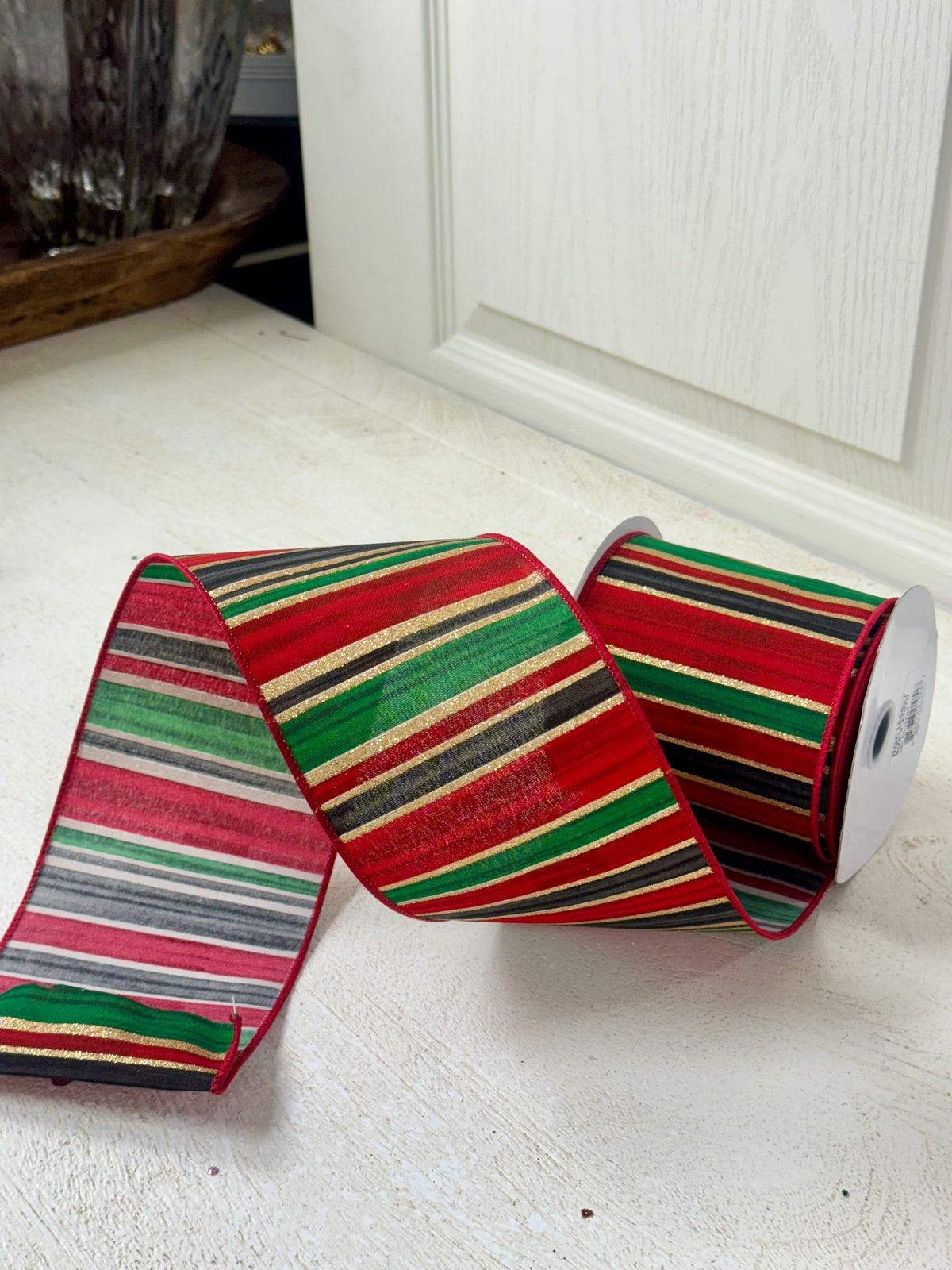 4 Inch By 10 Yard Red Black Emerald Horizontal Stripes Ribbon