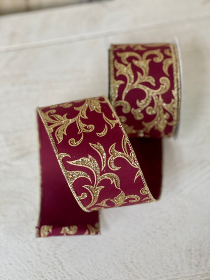 2.5 Inch By 10 Yard Wine With Gold Acanthus Leaf Ribbon