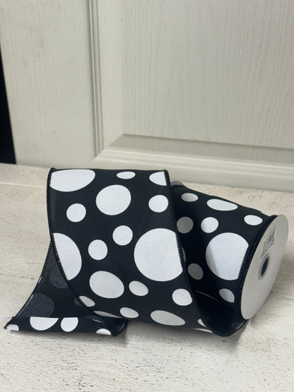 4 Inch By 10 Yard Black And White Polka Dot Ribbon