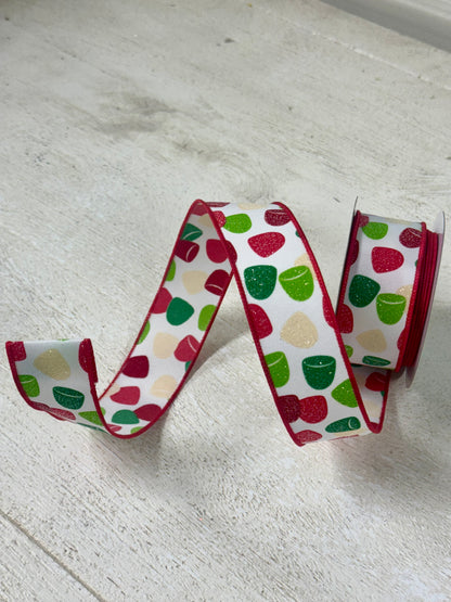 1.5 Inch By 10 Yard Red Green Cream Glitter Gumdrops Ribbon
