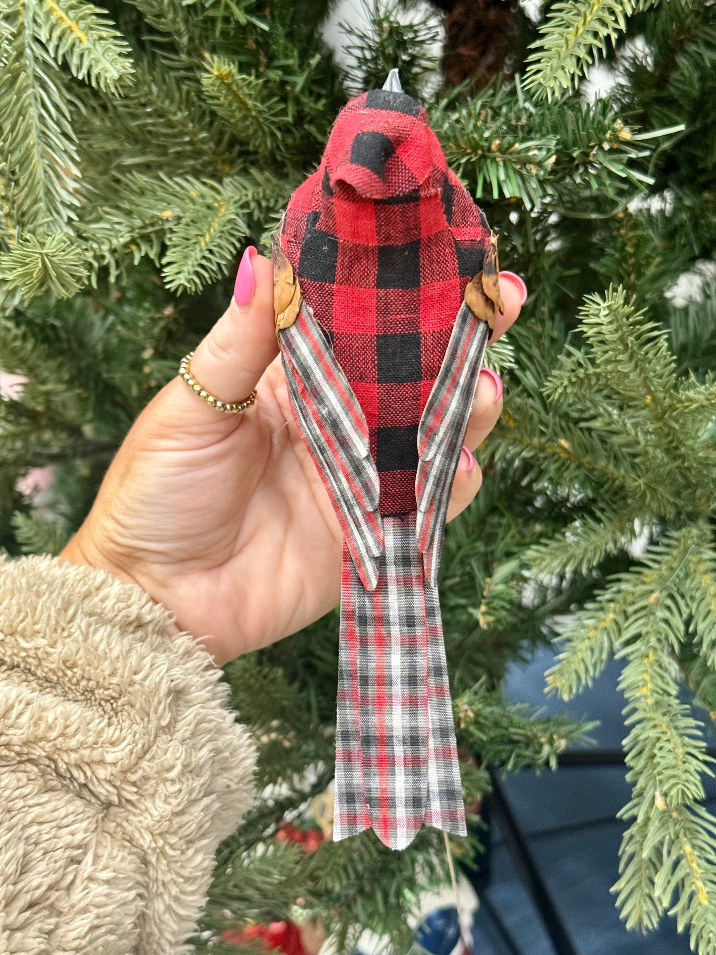 7 Inch Red Black Plaid Cardinal On Wire