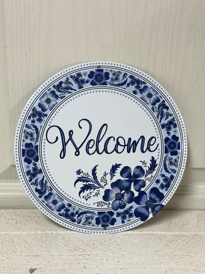 8 Inch Welcome Blue And White Metal Sign