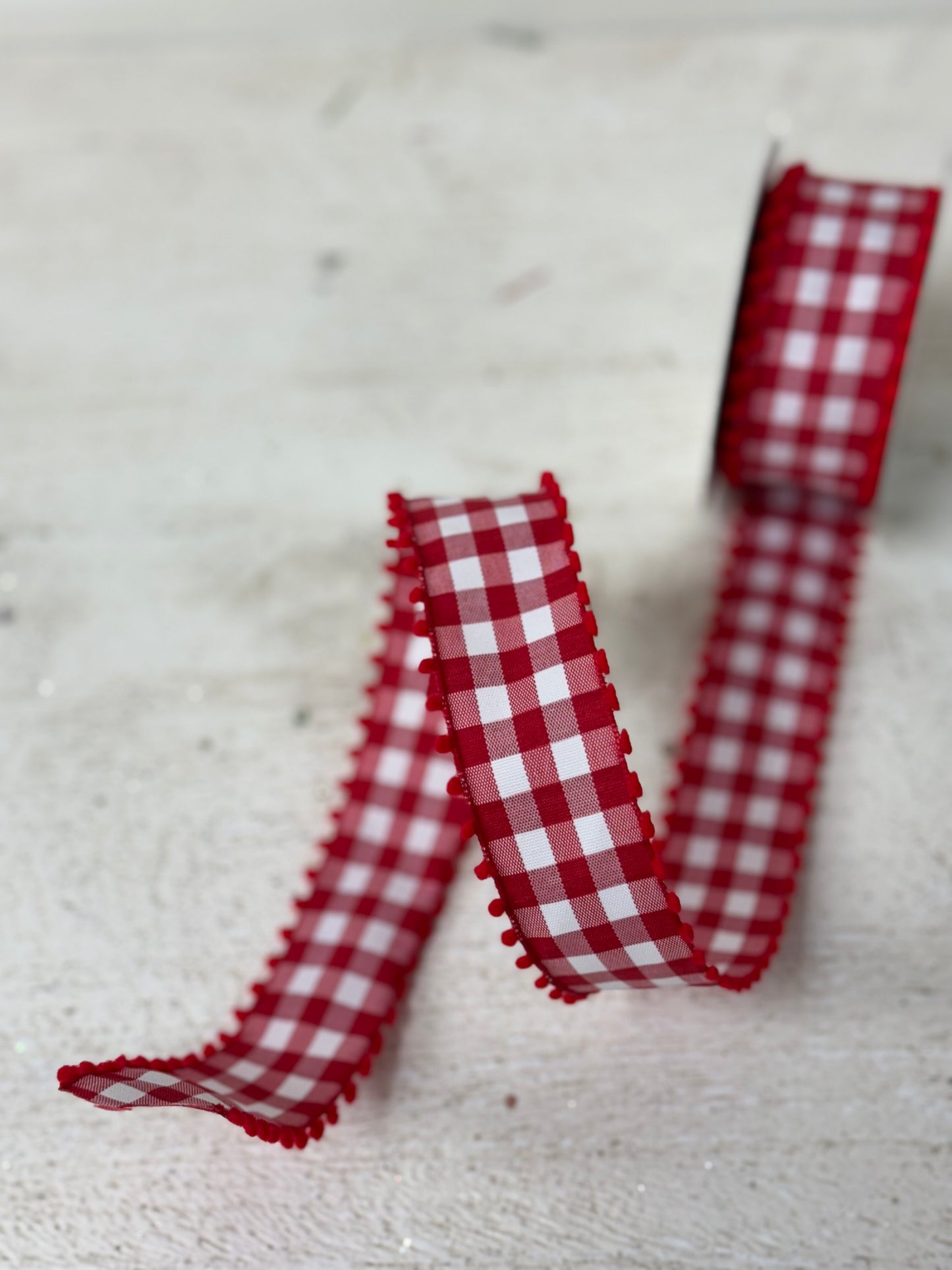 1.5 Inch By 10 Yard Red And White Gingham Check With Red Pom Pom Ribbon